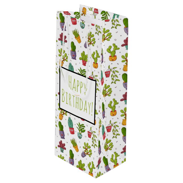 Cute Cactus Nature Succulents Pattern Birthday Wine Gift Bag (Front Angled)