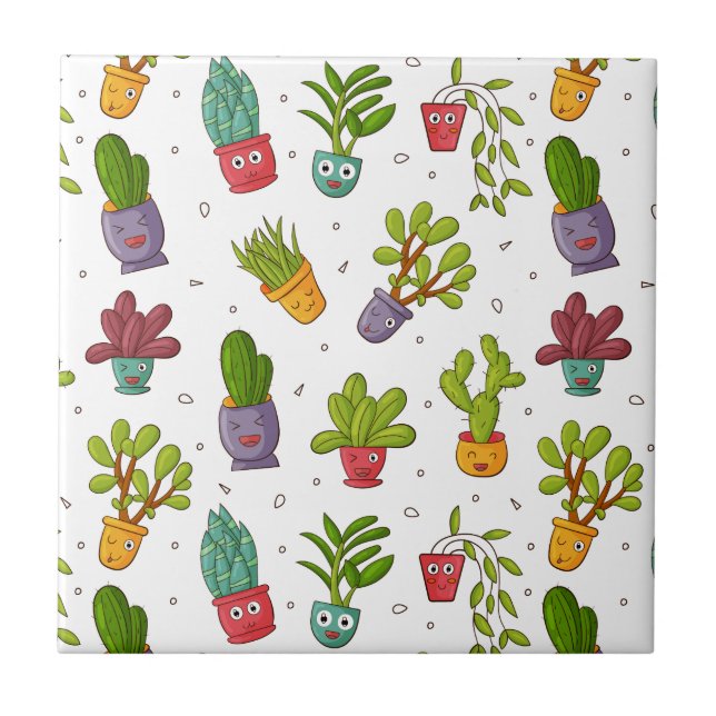 Cute Cactus Nature Succulents Pattern Ceramic Tile (Front)