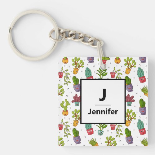 Cute Cactus Nature Succulents Pattern Monogram Keychain