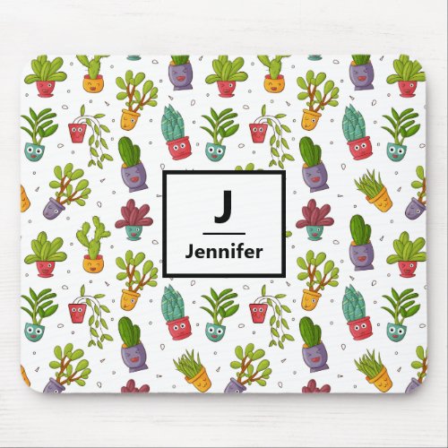 Cute Cactus Nature Succulents Pattern Monogram Mouse Pad