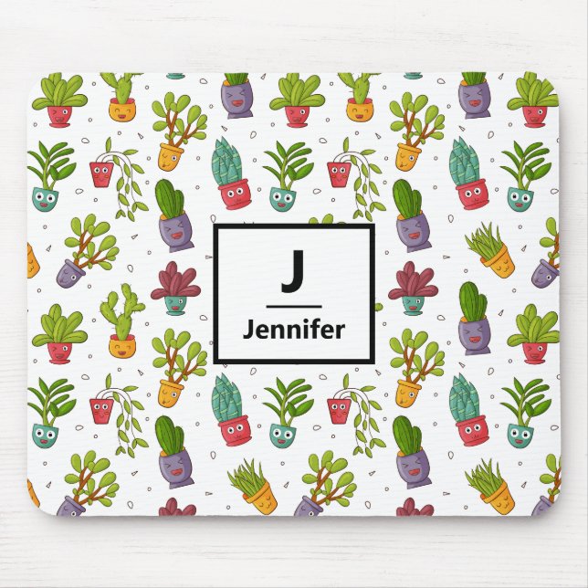 Cute Cactus Nature Succulents Pattern Monogram Mouse Pad (Front)