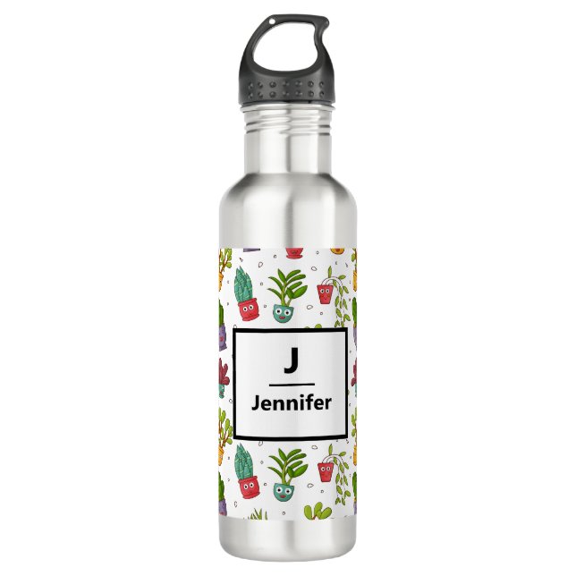 Cute Cactus Nature Succulents Pattern Stainless Steel Water Bottle (Front)