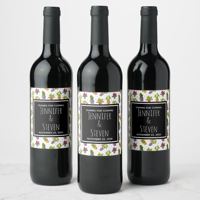 Cute Cactus Nature Succulents Pattern Wedding Wine Label (Bottles)