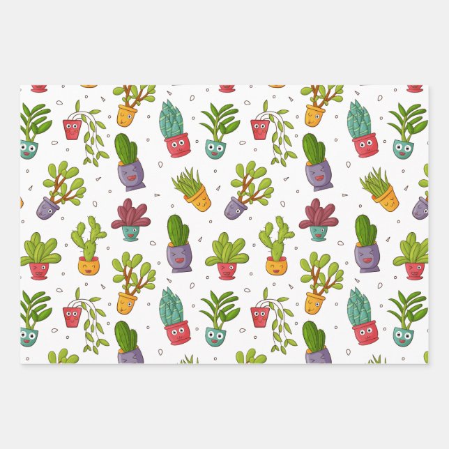 Cute Cactus Nature Succulents Pattern Wrapping Paper Sheets (Front)
