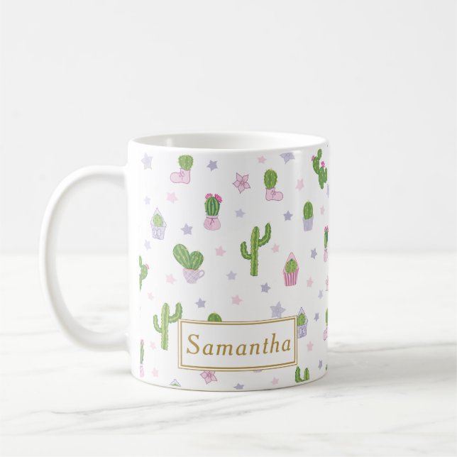 Cute Cactus Pattern Custom Name Unique Coffee Mug (Left)