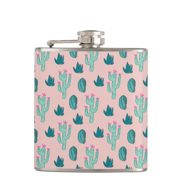 Cute Cactus Pattern Pink Green Hip Flask (Front)
