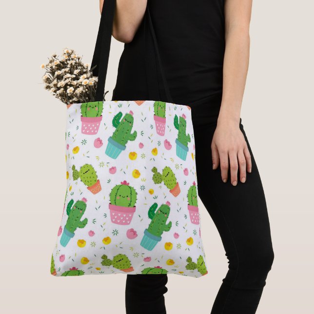 Cute Cactus Pattern Tote Bag (Close Up)
