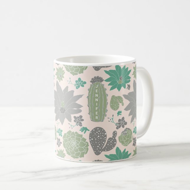 Cute Cactus Peach Gray Succulents And Name Coffee Mug (Front Right)