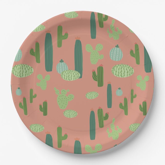 Cute Cactus Peach & Green Paper Plates (Front)
