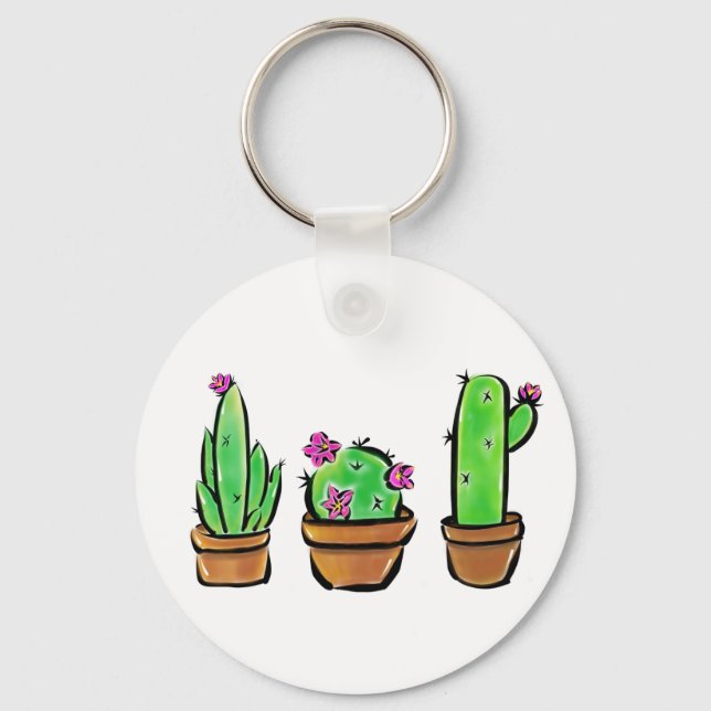 Cute Cactus pink flowering cacti succulents  Keychain (Front)