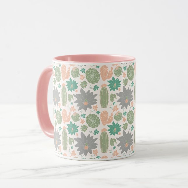 Cute Cactus Pink Green Gray Succulents Mug (Front Left)