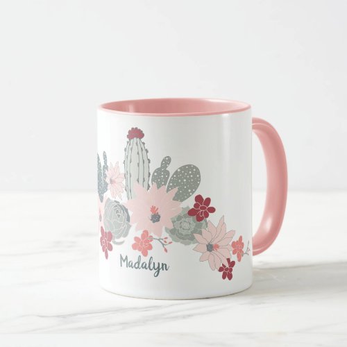 Cute Cactus Pink Succulents Pattern With Name Mug