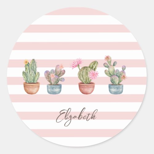 Cute Cactus Pink White Striped Pattern Classic Round Sticker