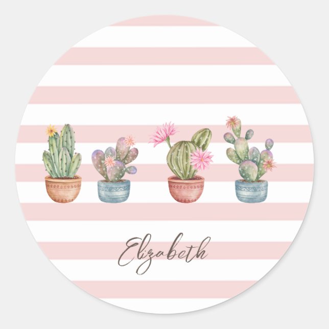 Cute Cactus Pink White Striped Pattern Classic Round Sticker (Front)