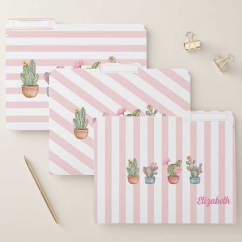 Cute Cactus Pink White Striped Pattern File Folder