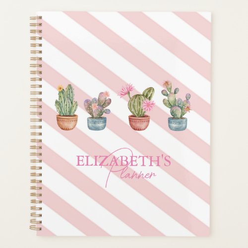 Cute Cactus Pink White Striped Pattern Planner