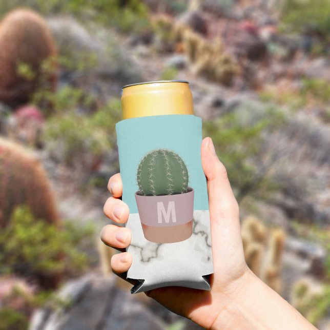 Cute Cactus Plant Mom Modern Monogrammed Marble Seltzer Can Cooler (Love cacti and can coolers? Add your initials to this one. Makes a lovely gift for the Plant Mom)