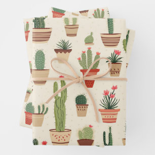 Cute Cactus Plant Pots Patterned Tiled Print Wrapping Paper Sheets