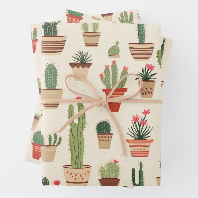Cute Cactus Plant Pots Patterned Tiled Print Wrapping Paper Sheets (In situ)