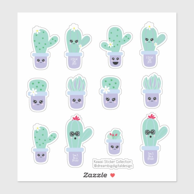 Cute Cactus Potted Purple Green Set Sticker (Sheet)