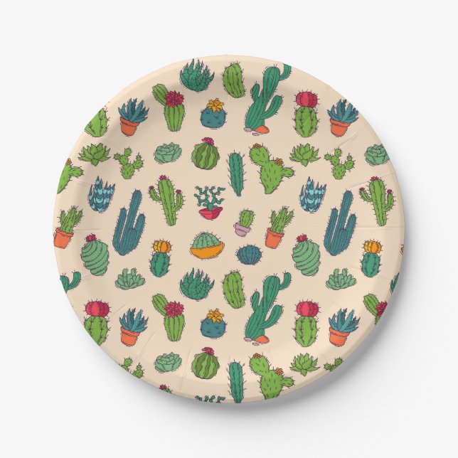Cute Cactus Standing Pattern Paper Plates (Front)