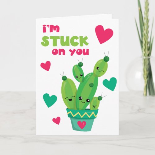 Cute Cactus Stuck on You Kids Valentine Card