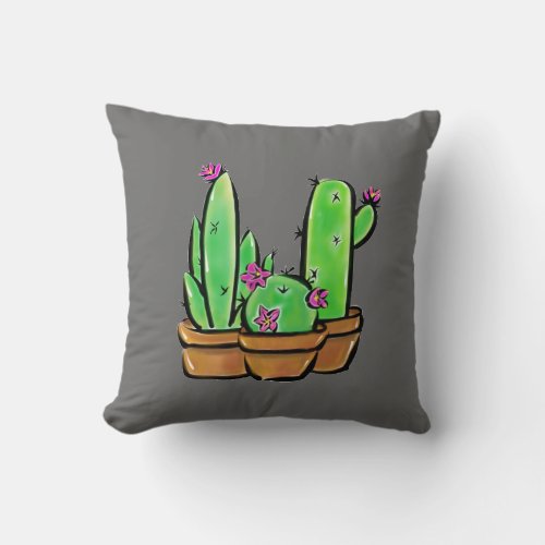 Cute Cactus succulent green pink desert flowers  Throw Pillow