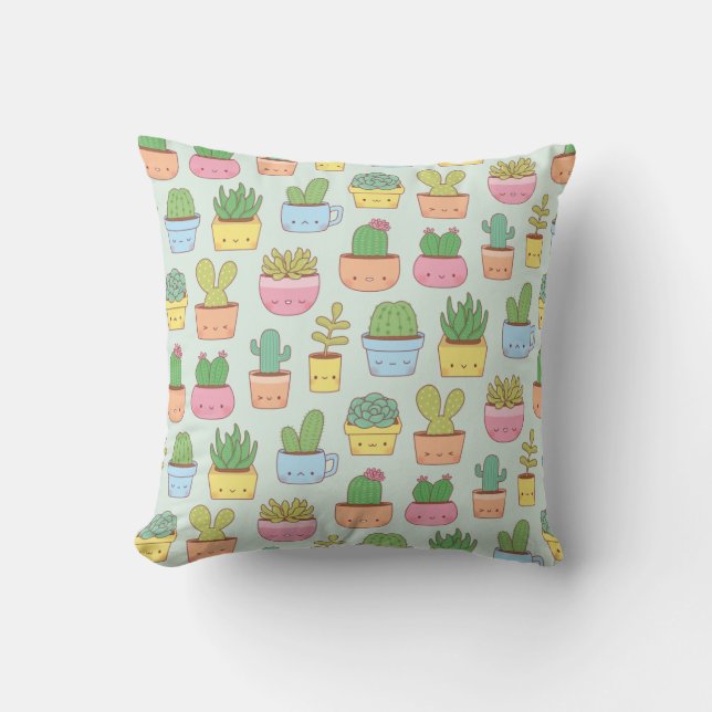Cute Cactus Succulent Plant Colorful Pattern Throw Pillow (Front)