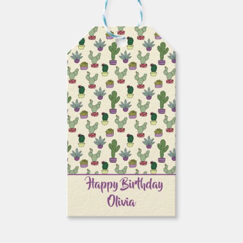 Cute Cactus Succulent Plant Happy Birthday Pattern Gift Tags