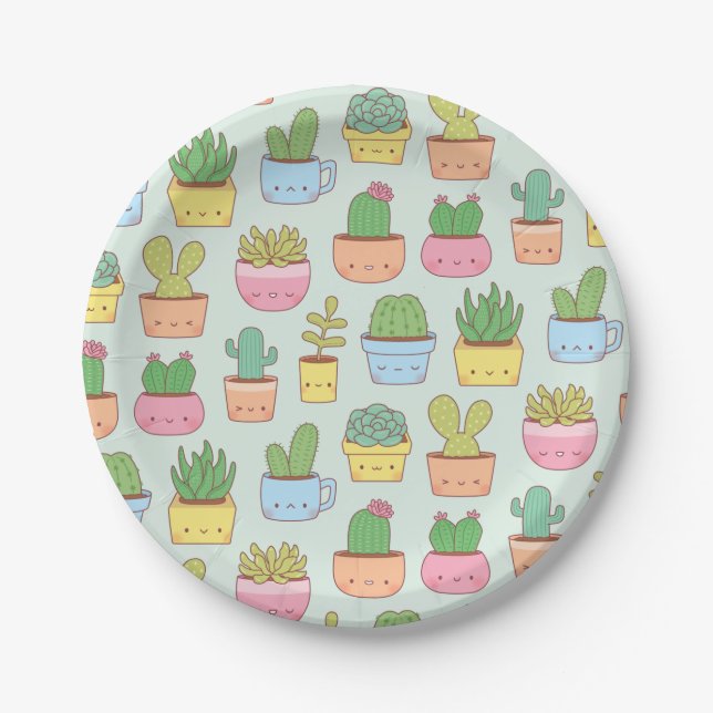 Cute Cactus Succulent Plant Pattern Party Paper Plates (Front)
