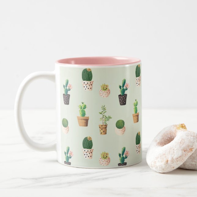 Cute Cactus Succulent Plant Pattern Pink Green Mug (With Donut)
