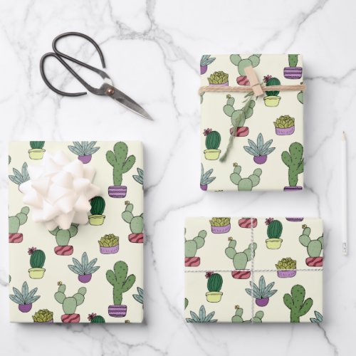 Cute Cactus Succulent Potted Plants Cacti Pattern Wrapping Paper Sheets