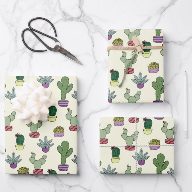 Cute Cactus Succulent Potted Plants Cacti Pattern Wrapping Paper Sheets (Front)