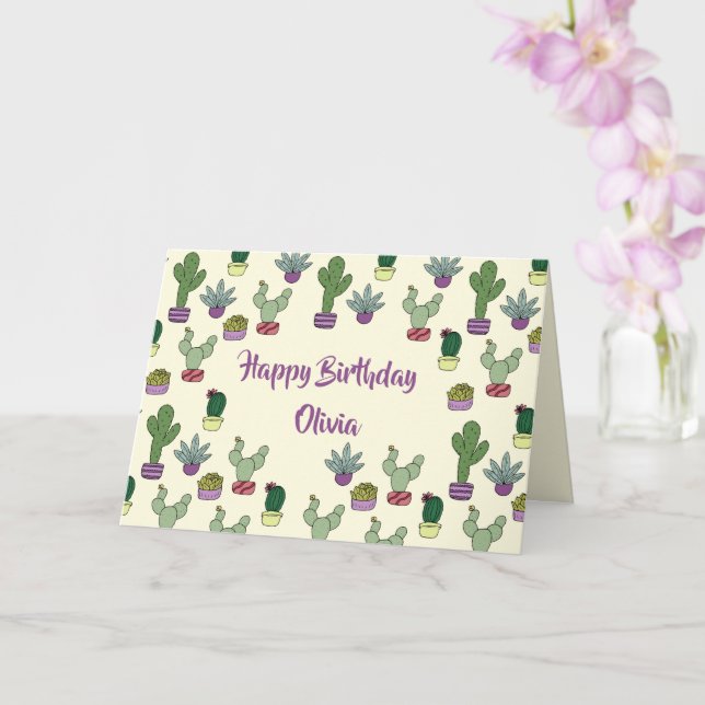 Cute Cactus Succulent Potted Plants Happy Birthday Card (Orchid)