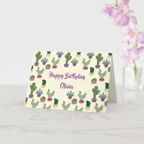 Cute Cactus Succulent Potted Plants Happy Birthday Card