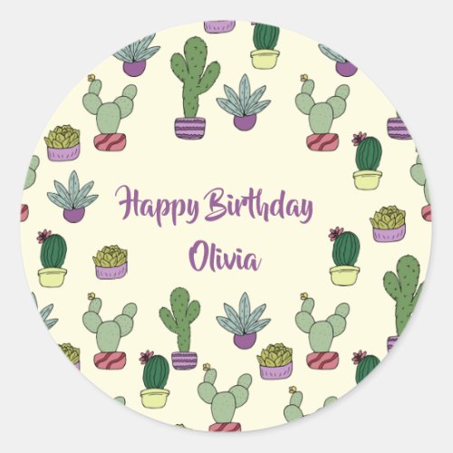 Cute Cactus Succulent Potted Plants Happy Birthday Classic Round Sticker