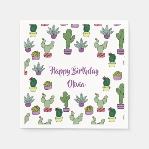 Cute Cactus Succulent Potted Plants Happy Birthday Napkins
