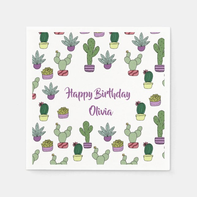 Cute Cactus Succulent Potted Plants Happy Birthday Napkins (Front)