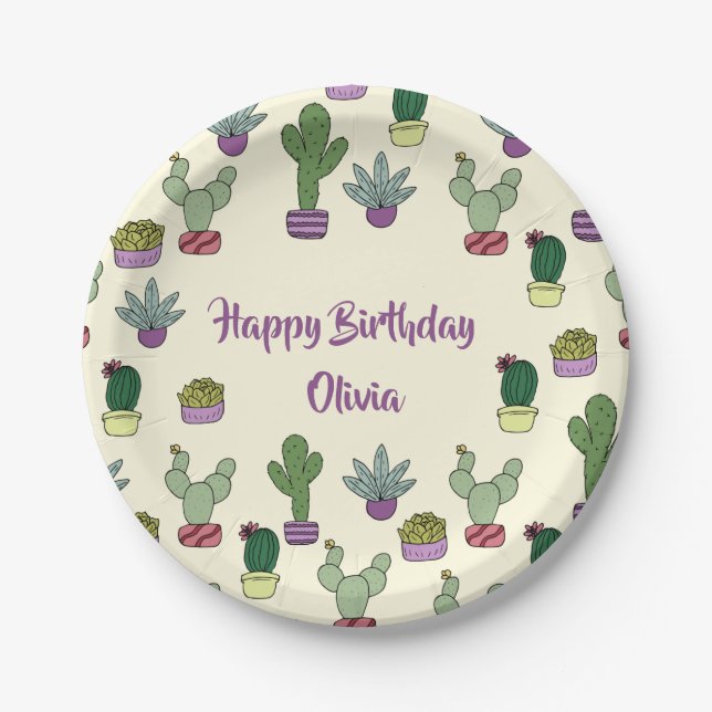 Cute Cactus Succulent Potted Plants Happy Birthday Paper Plates (Front)