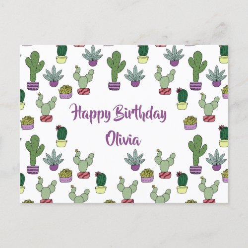 Cute Cactus Succulent Potted Plants Happy Birthday Postcard