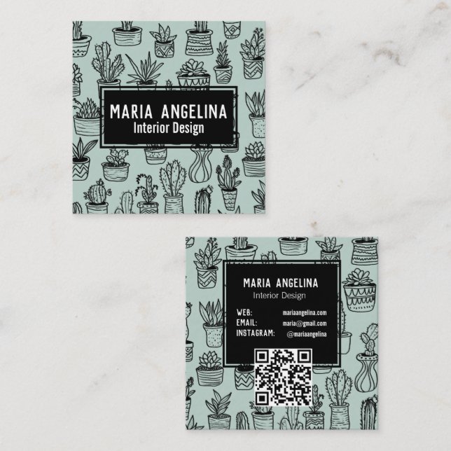 Cute Cactus Succulents Boho Doodle QR Code CUSTOM Square Business Card (Front/Back)