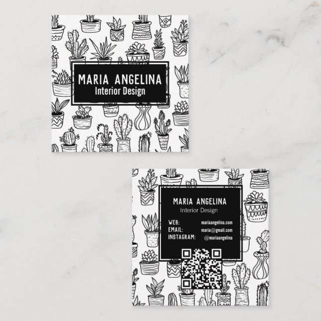 Cute Cactus Succulents Boho Doodle QR Code CUSTOM Square Business Card (Front/Back)