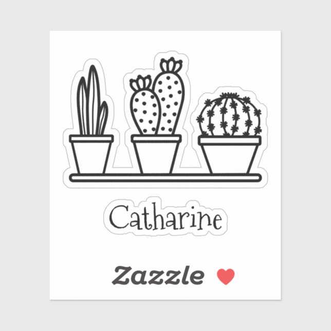 Cute Cactus Succulents Drawing Custom Name Sticker (Sheet)