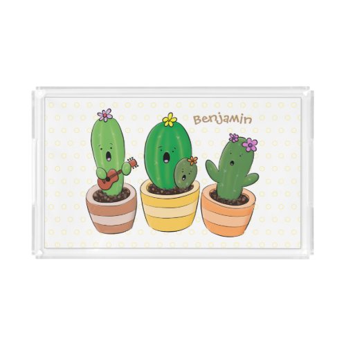Cute cactus trio singing cartoon illustration acrylic tray