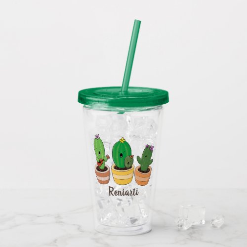 Cute cactus trio singing cartoon illustration acrylic tumbler