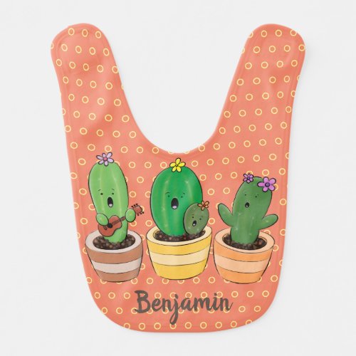 Cute cactus trio singing cartoon illustration baby bib