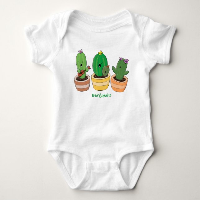 Cute cactus trio singing cartoon illustration baby bodysuit (Front)