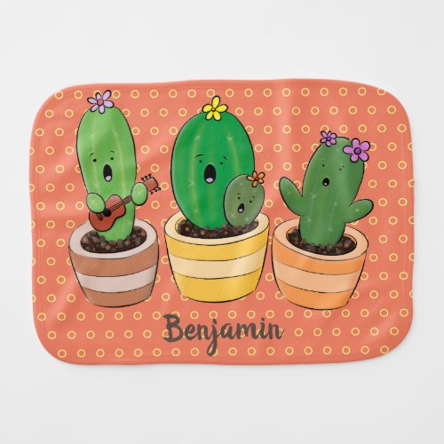 Cute cactus trio singing cartoon illustration baby burp cloth