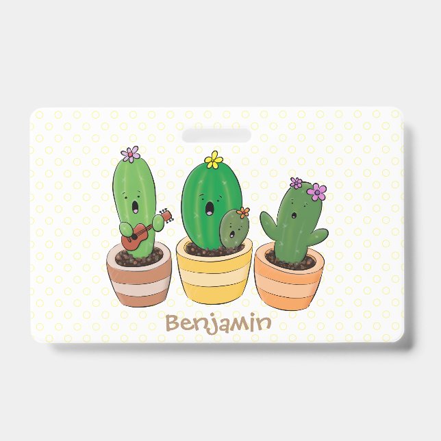 Cute cactus trio singing cartoon illustration badge (Front)