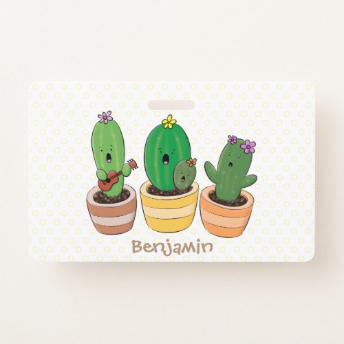 Cute cactus trio singing cartoon illustration badge